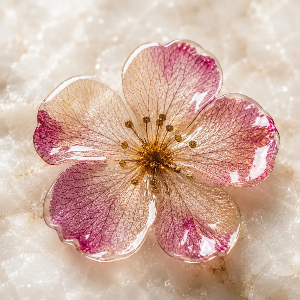 Flor natural morada encapsulada en resina transparente artesanal sobre fondo mineral blanco