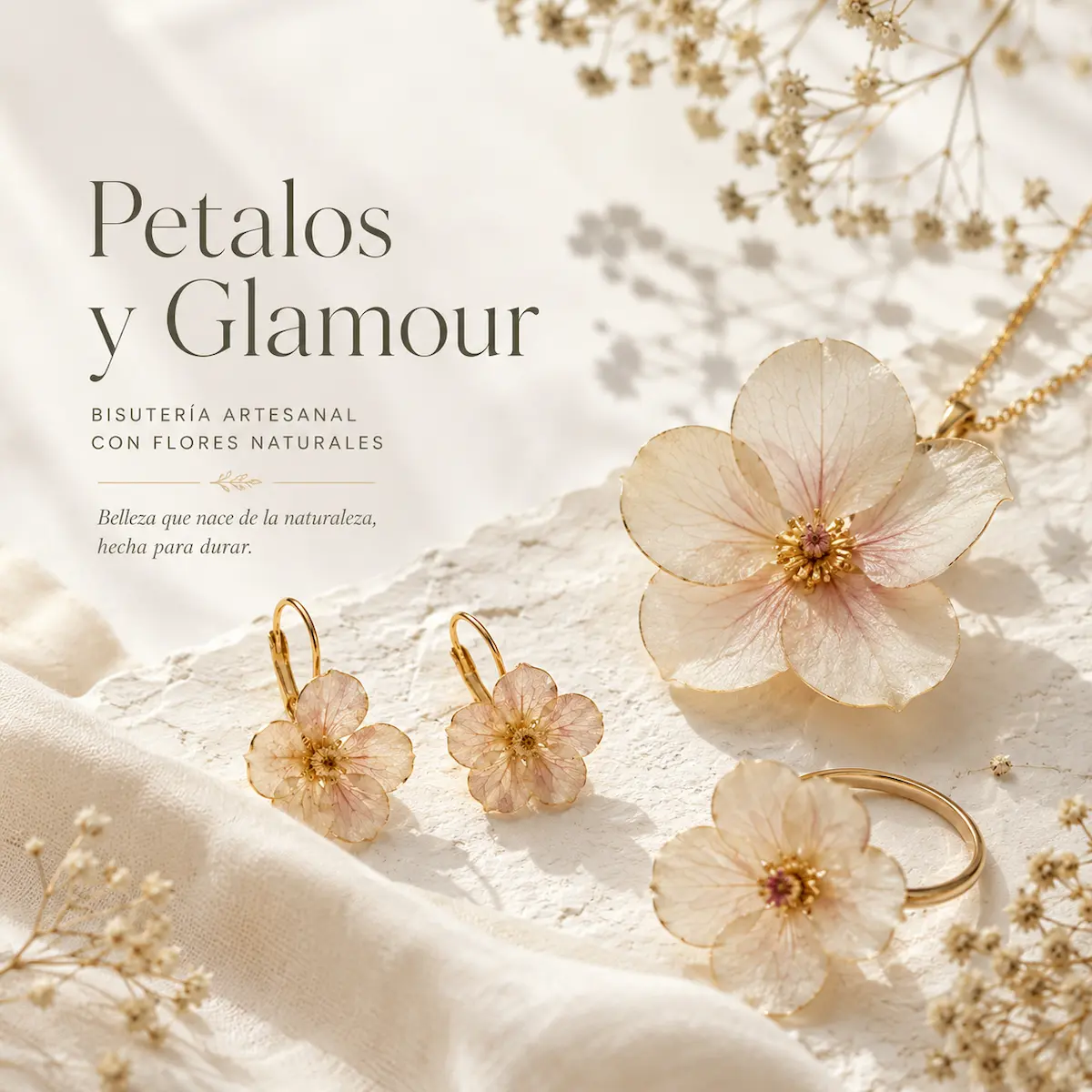 Joyería artesanal con flores naturales en resina elaborada a mano por Pétalos y Glamour