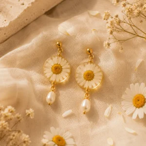 Pendientes artesanales con margaritas naturales preservadas sobre lino beige y detalles dorados en una composición botánica elegante