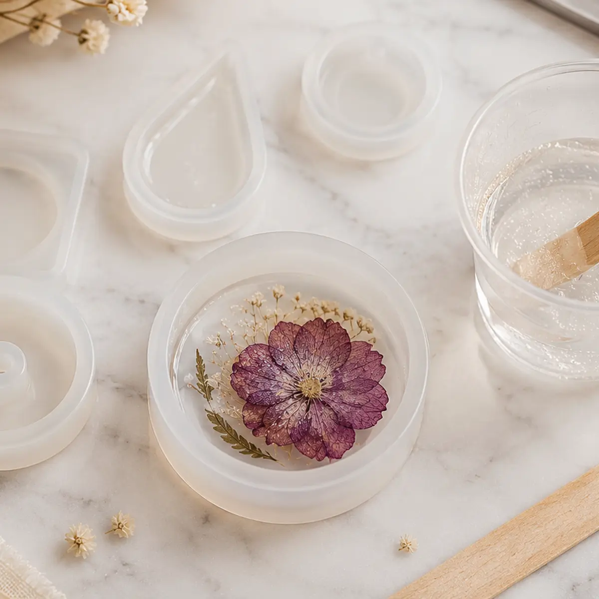 Proceso artesanal de creación de joyas con flores secas, moldes de silicona y resina sobre mármol blanco
