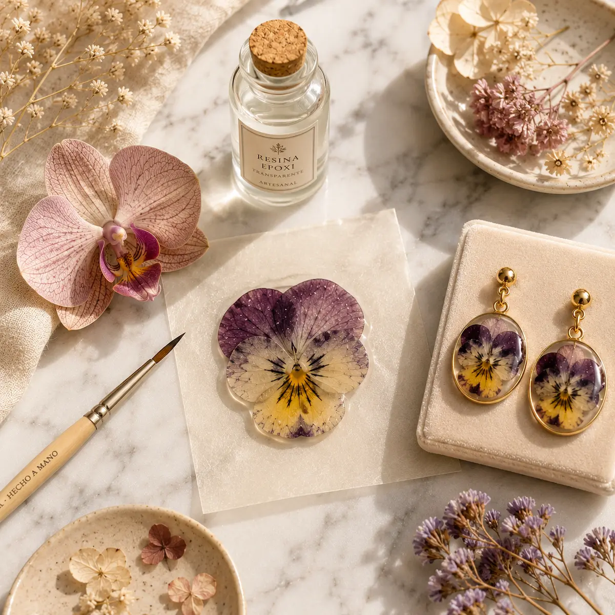 Proceso artesanal de preparación de flores secas para encapsular en resina con materiales y herramientas sobre mesa de trabajo.