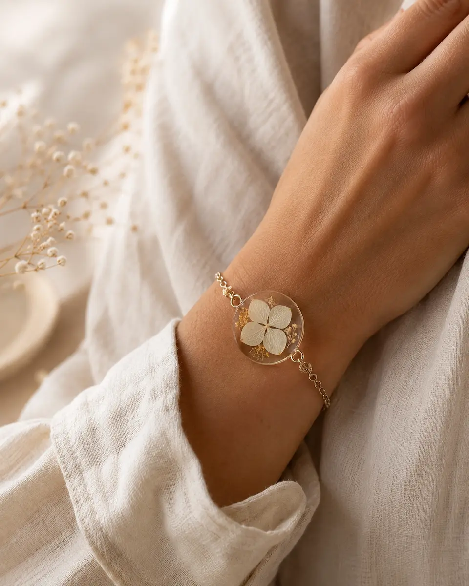 Pulsera de flores blancas naturales en resina puesta en la muñeca de una mujer con manga de lino color crema